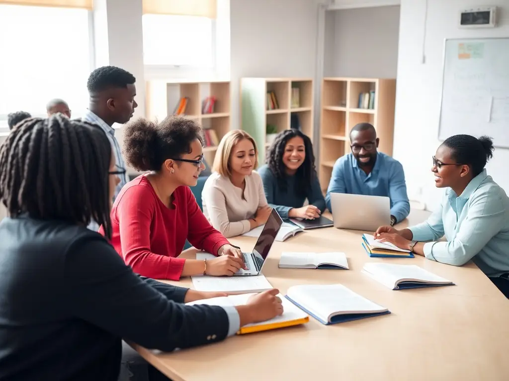 A photograph capturing a group of adults participating in a workshop focused on personal growth and development, emphasizing the organization's dedication to lifelong learning.
