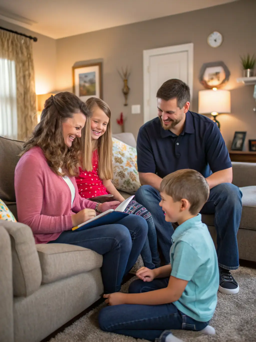 A photograph of a family participating in a family support program, receiving guidance and resources from trained professionals, emphasizing the organization's commitment to family well-being.