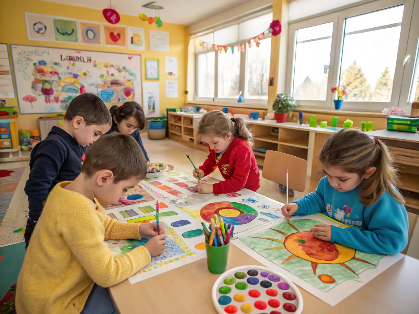 A photograph depicting a group of children with diverse abilities participating in a collaborative art project, showcasing the inclusive environment of the educational support program.