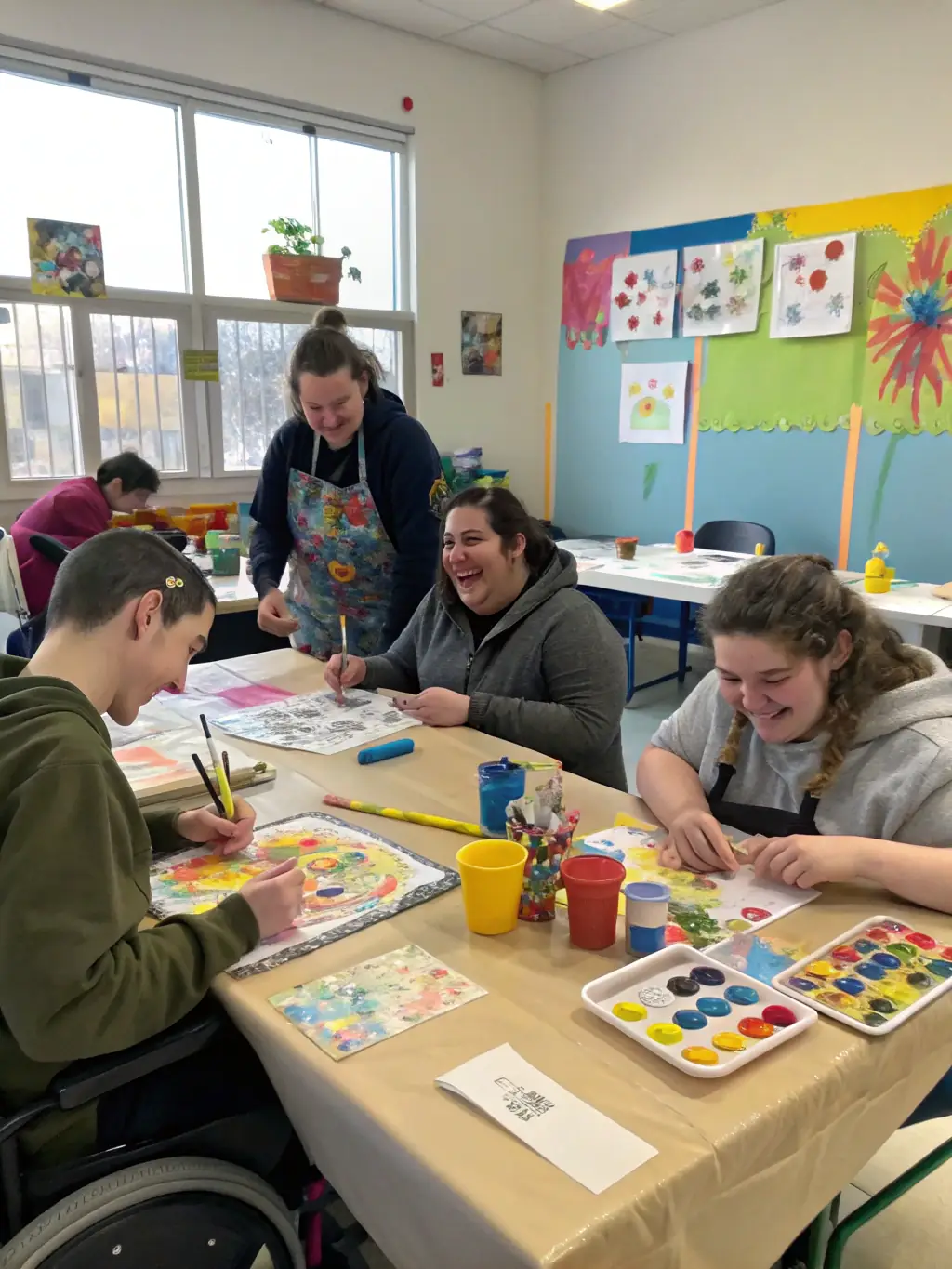 A group of children with disabilities participating in an inclusive art workshop, smiling and creating artwork together, showcasing the organization's commitment to inclusive education.