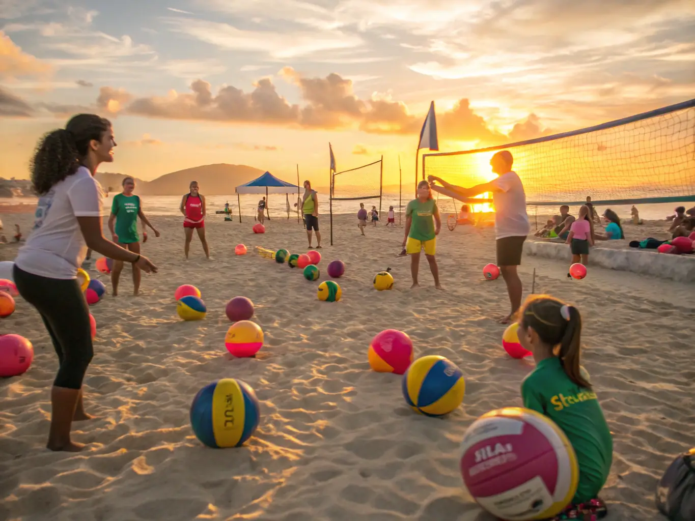 A heartwarming image of community members participating in a volleyball workshop, highlighting the inclusive and engaging nature of the event. Participants are smiling and interacting, fostering a sense of community and shared passion for volleyball.