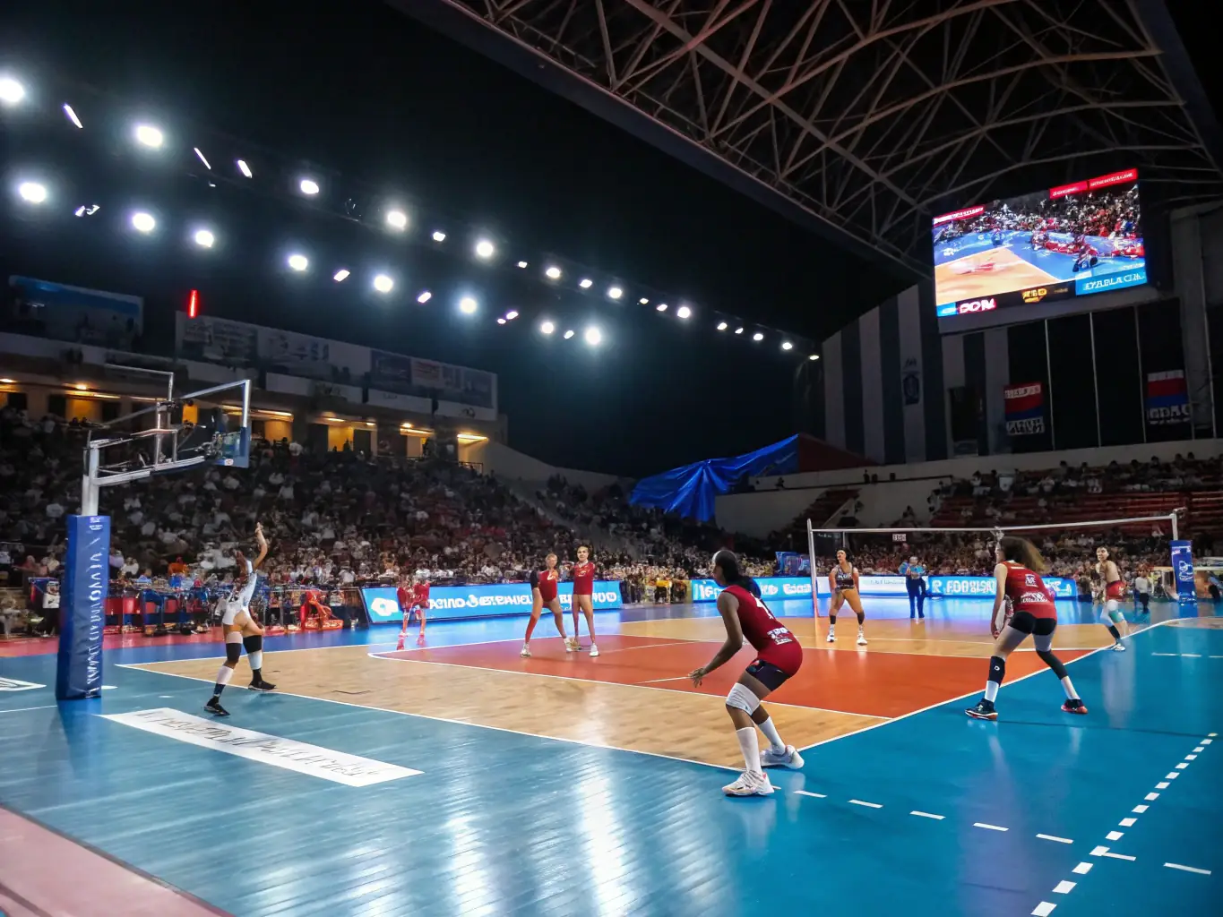 A dynamic image of adult volleyball players competing in a local tournament, demonstrating the intensity and camaraderie of the sport. The players are focused and determined, showcasing their athletic abilities.