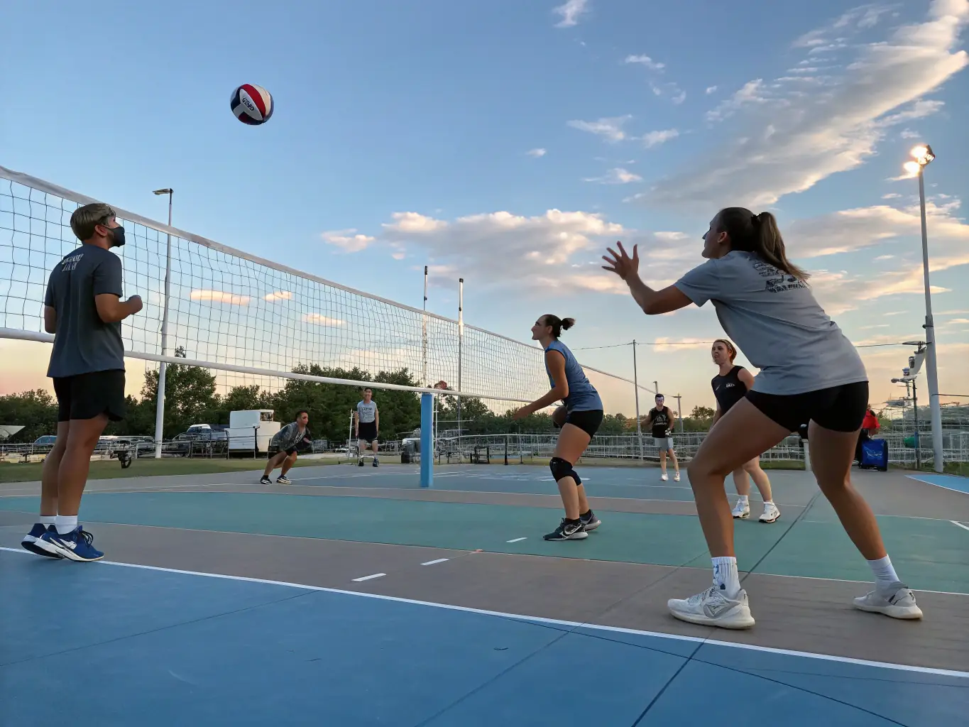 A vibrant image of young volleyball players in action during a training session, showcasing their energy and enthusiasm for the sport. The coach is actively guiding them, emphasizing teamwork and skill development.